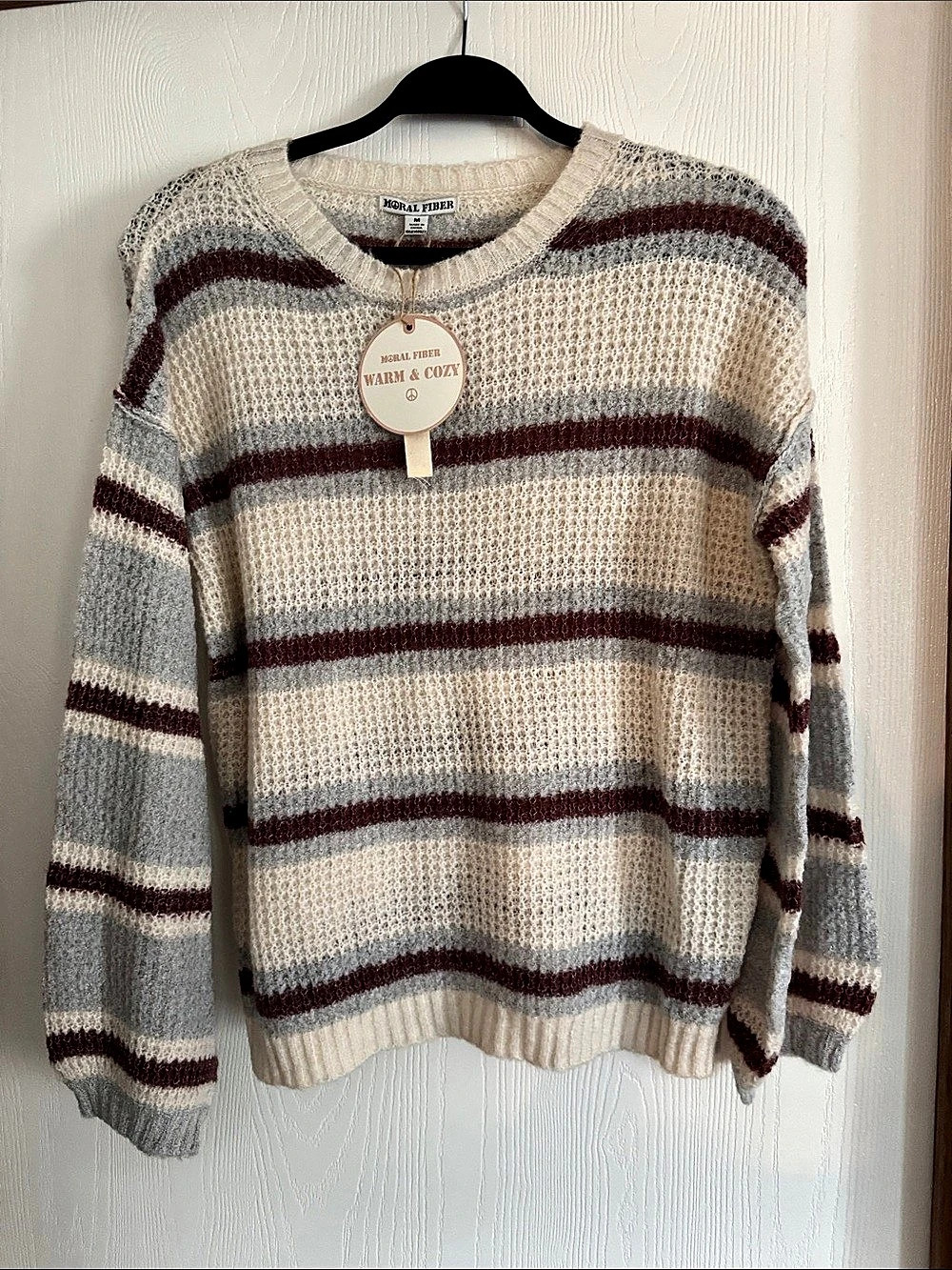 Moral Fiber Striped Crewneck in Cream & Gray Size Medium NWT